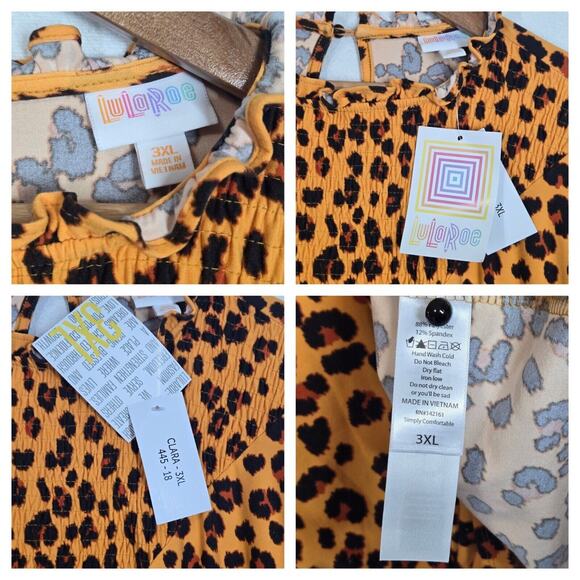 Lularoe Clara Smock Blouse Sz 3XL Orange Black Animal Print Keyhole Back Stretch - Picture 9 of 11